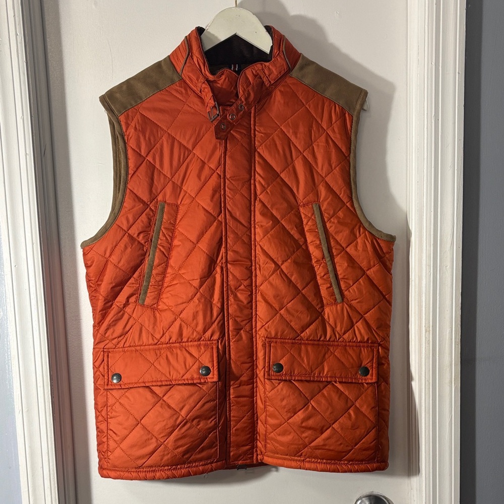 Tommy Hilfiger Orange Quilted Vest with Brown Trim 🌟